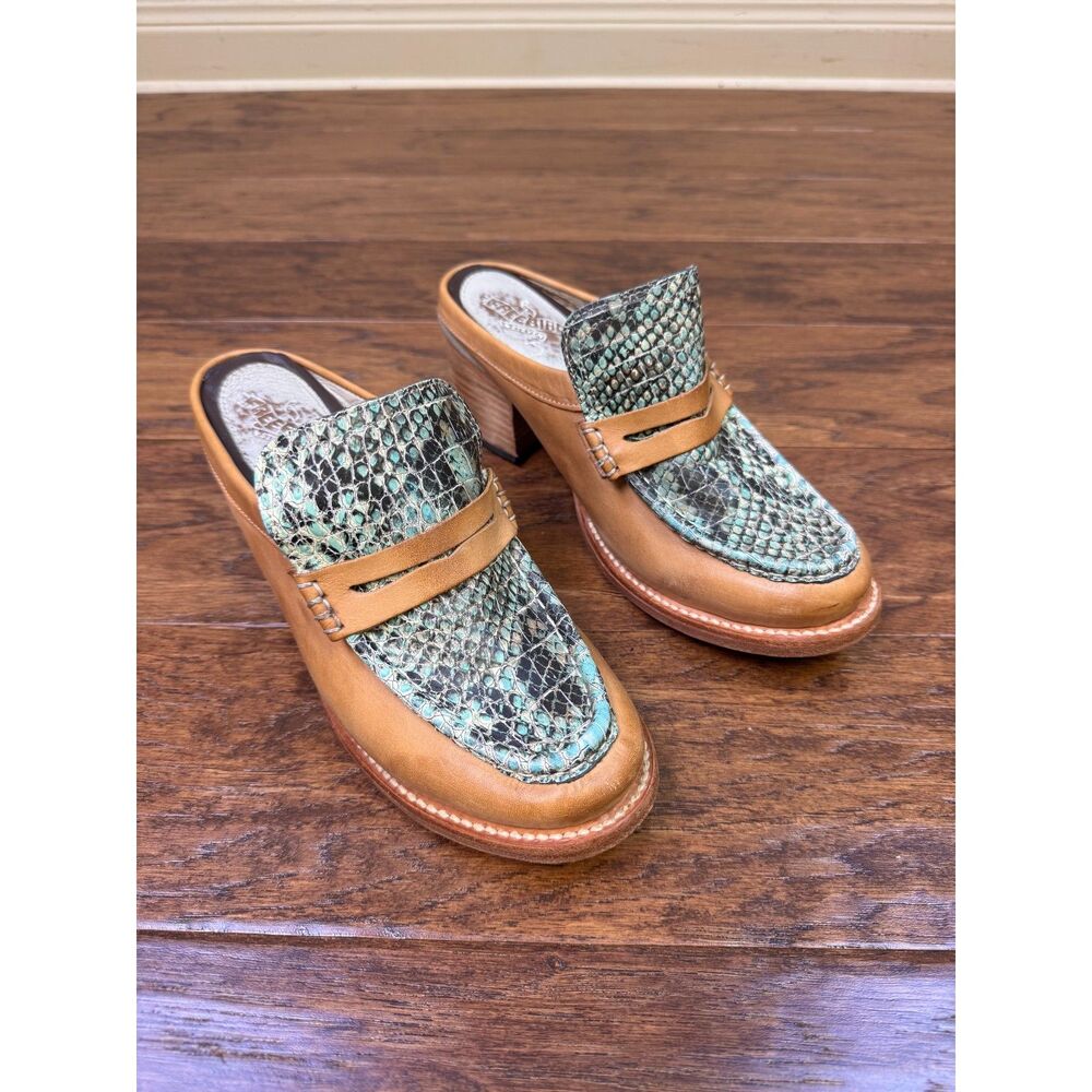 FREEBIRD Collins Tan Genuine Leather Loafer Mules Snakeskin Detail, Sz 9